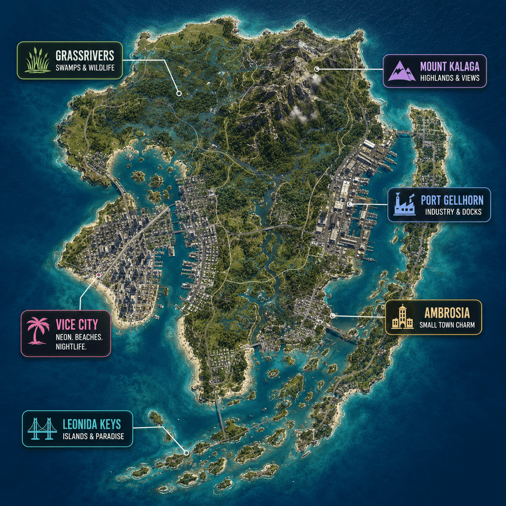 Карта GTA 6 в Leonida: Vice City, Port Gellhorn, Mount Kalaga, Grassrivers, Ambrosia и Leonida Keys